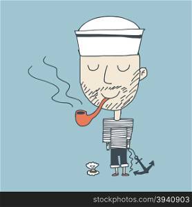 Illustration of smoker happy sailor standing with a shell