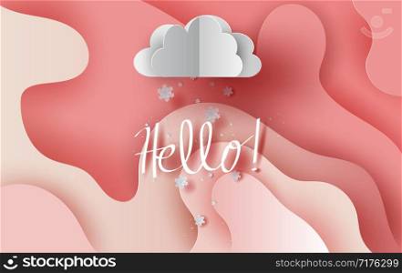 illustration of Snowfall in cloud on Abstract Curve shape pink sky background.Winter sweet season concept.Hello Merry Christmas and Happy New year for Card.Creative paper cut and craft style vector.