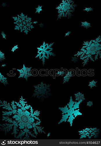 Illustration of snowflake falling in a nights sky lite to give a sense of perspective