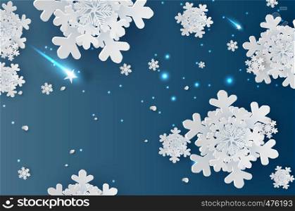 illustration of Snowflakes for winter season with place text space background.wintertime Abstract Snowflakes for greeting card,Christmas poster,Paper cut and craft style creative pastel idea vector.