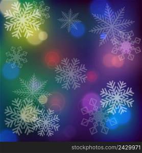Illustration of snowflakes on dark blurred background. Card, festive design, decoration. Holiday concept. Can be used for topics like New Year, Christmas, holiday 