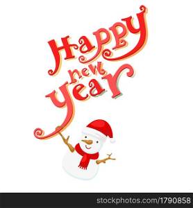 illustration of snowman and happy new year typography vector