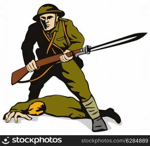 Illustration of soldier holding bayonet standing over dead body set on isolated white background done in retro style. . Soldier Standing Over Body