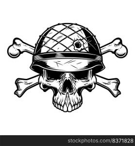 Illustration of soldier skull in military helmet with crossed bones. Design element for logo, label, sign, emblem. Vector illustration