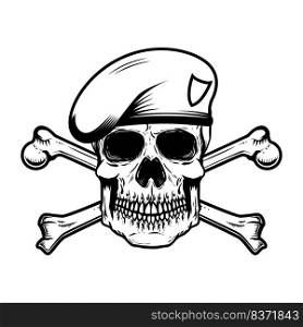 Illustration of soldier skull in paratrooper beret with crossed bones. Design element for logo, label, sign, emblem. Vector illustration
