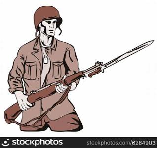 Illustration of soldier with bayonet isolated on white background done in retro style. . Soldier with Bayonet