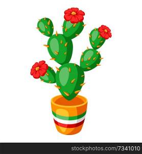 Illustration of spiny cactus with flowers. Mexican flag on pot.. Illustration of spiny cactus with flowers.