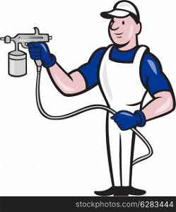 Illustration of spray painter with spray paint gun done in cartoon style on isolated white background.