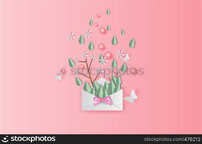 illustration of Spring leaf and flower decoration on placed text background, Paper cut and craft springtime style pastel color,Design by paper letters or envelope concept,Paper art style sweet,vector.