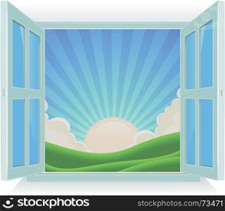Illustration of spring or summer sunrise landscape viewed by an open window. Summer Landscape Outside The Window