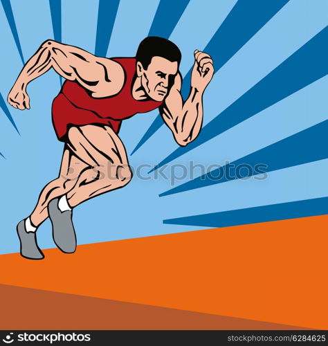 Illustration of sprinter runner running sideview with sunburst in the background done in retro style.