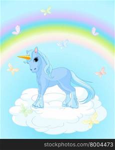 Illustration of standing beautiful unicorn on magic background