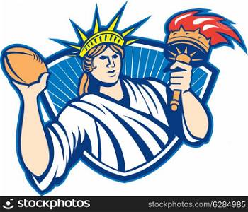 Illustration of statue of liberty throwing American football rugby ball holding torch on isolated white background.. Statue of Liberty Throwing Football Ball