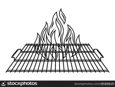 Illustration of steel grill grate with fire. Stylized bbq kitchen and restaurant utensil.. Illustration of steel grill grate with fire. Stylized kitchen and restaurant utensil.