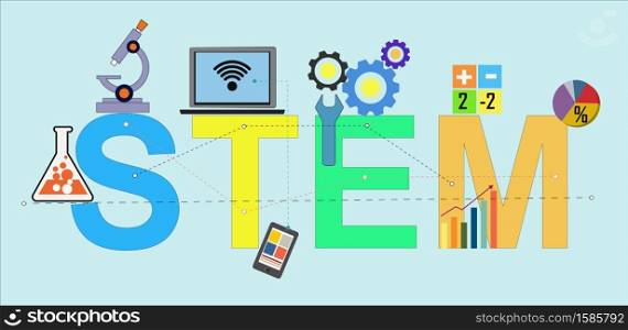 Illustration of STEM - science, technology, engineering, mathematics education word typography design in colorful fun theme with icon ornament elements