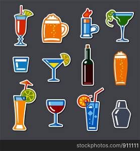 illustration of stickers set alcohol drinks and cocktails for bar. alcohol drinks stickers