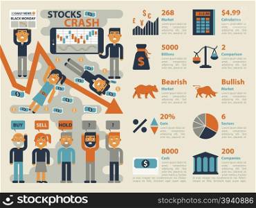 Illustration of stocks market crash infographic elements and icons