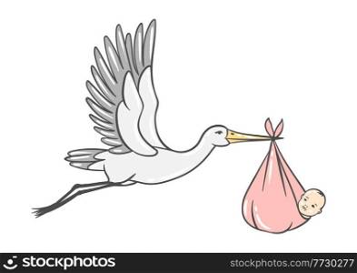 Illustration of stork carries newborn baby girl. Happy Birthday image. Holiday baby shower celebration simbol.. Illustration of stork carries newborn baby girl. Happy Birthday image. Holiday baby shower simbol.