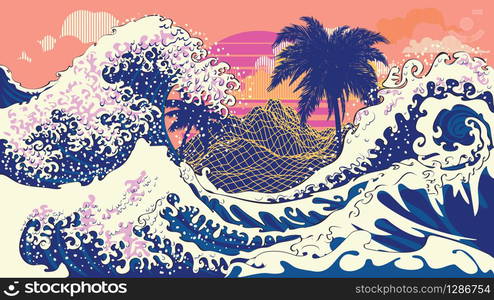 Illustration of stormy ocean with big waves and palm trees, modern retro art design.