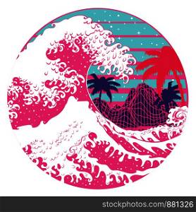 Illustration of stormy ocean with big waves and palm trees, modern retro art design.