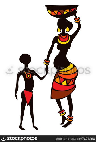 Illustration of stylized African pregnant woman and child. In tribal national clothes.. Illustration of stylized African pregnant woman and child.