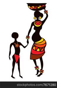 Illustration of stylized African pregnant woman and child. In tribal national clothes.. Illustration of stylized African pregnant woman and child.