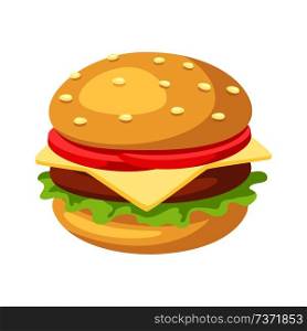 Illustration of stylized hamburger or cheeseburger. Fast food meal. Isolated on white background.. Illustration of stylized hamburger or cheeseburger.