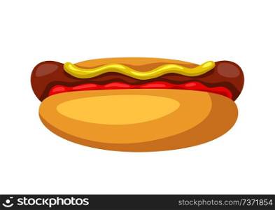 Illustration of stylized hot dog. Fast food meal. Isolated on white background.. Illustration of stylized hot dog.