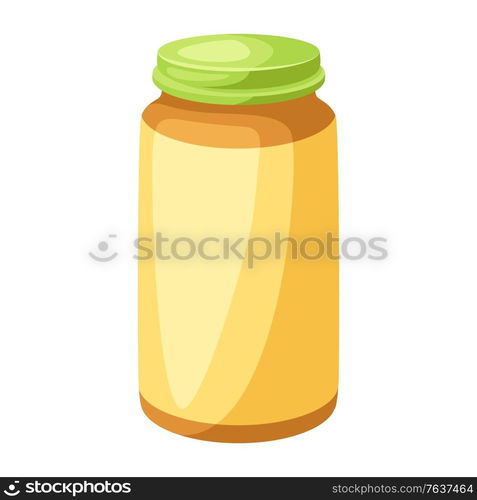 Illustration of stylized jar of baby puree. Icon in carton style.. Illustration of stylized jar of baby puree.