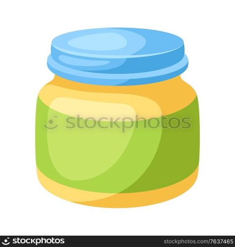 Illustration of stylized jar of baby puree. Icon in carton style.. Illustration of stylized jar of baby puree.