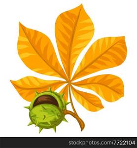 Illustration of stylized leaf with chestnut. Decorative autumn plant. Twig for decoration.. Illustration of stylized leaf with chestnut. Decorative autumn plant.
