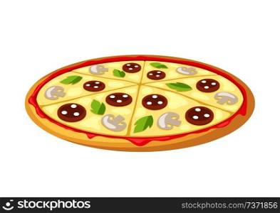 Illustration of stylized pizza. Fast food meal. Isolated on white background.. Illustration of stylized pizza.