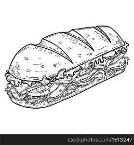 Illustration of submarine sandwich in engraving style. Design element for poster, card, banner, flyer. Vector illustration