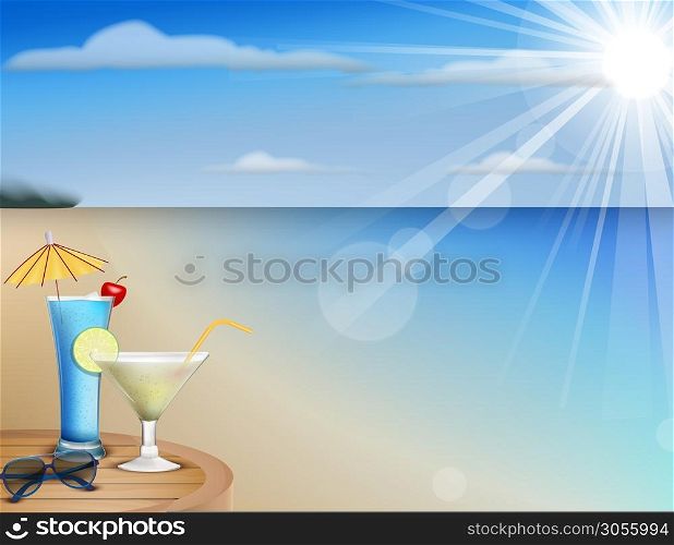 Illustration of Summer beach with juice and glasses