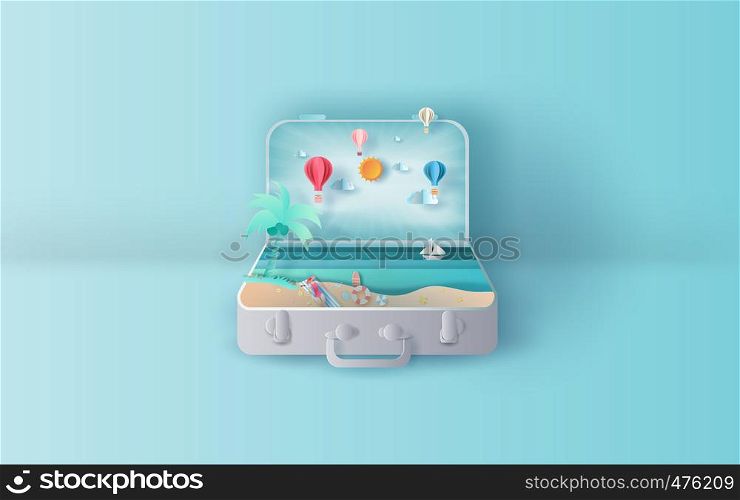 illustration of summer sea view sunset with suitcase concept,summer time for swimming equipment,People sunbathing on the beach,Graphic Seaside landscape,Paper cut and craft style digital idea,vector