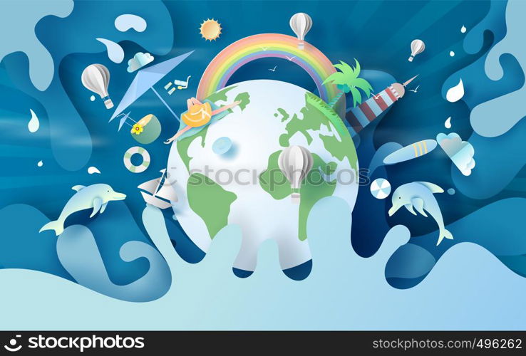illustration of summertime Environment global earth travel holiday concept.summer season hot for splash water.Creative design paper art and cut with pastel color simple.Eco relax at vacation.vector.