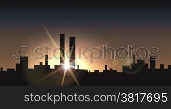 illustration of sunset in the city drawn photo poster style