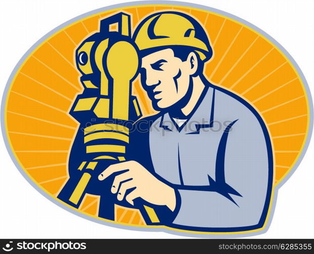 Illustration of surveyor civil geodetic engineer worker with theodolite total station equipment set inside ellipse with sunburst done in retro woodcut style,&#xA;