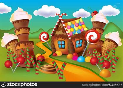 Illustration of sweet house of cookies and candy on a background of meadows and growing caramels.
