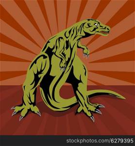 Illustration of t-rex dinosaur standing with sunburst in the background done in retro style. . T-Rex Dinosaur