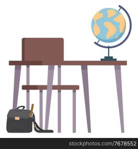 Illustration of teacher s workplace in a cartoon style. Back to school concept, education theme. School class or study room, a chair and a desk for teacher or student with a globe, piece of furniture. School class, study room, a chair and a desk for teacher or student with a globe, piece of furniture