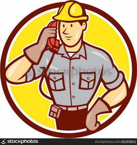 Illustration of telephone repairman worker tradesman holding calling phone set inside circle done in cartoon style on isolated background. Telephone Repairman Phone Circle Cartoon