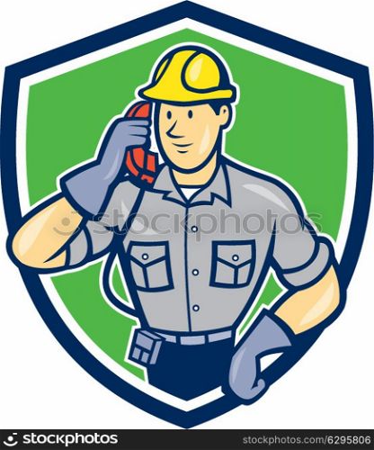 Illustration of telephone repairman worker tradesman holding calling phone set inside shield crest done in cartoon style on isolated background. Telephone Repairman Phone Shield Cartoon