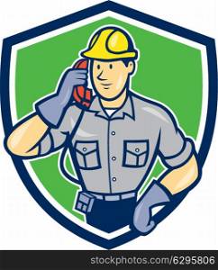 Illustration of telephone repairman worker tradesman holding calling phone set inside shield crest done in cartoon style on isolated background. Telephone Repairman Phone Shield Cartoon