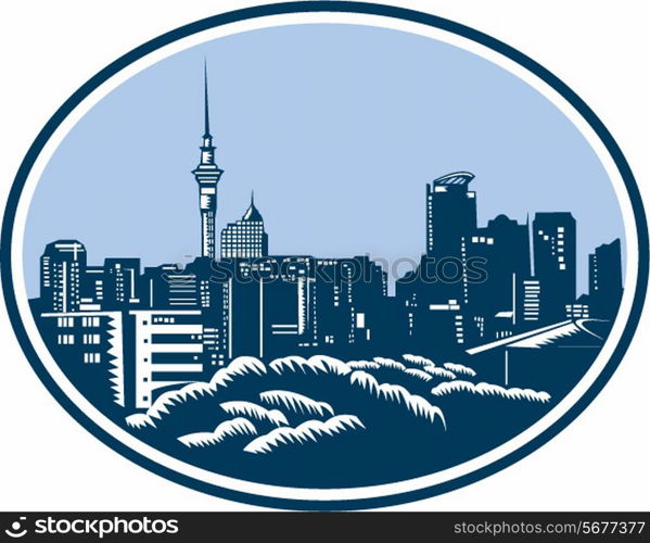 Illustration of the Auckland city skyline with the sky tower in background in Auckland, New Zealand set inside oval done in retro woodcut style.