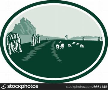 Illustration of the Avebury neolithic henge monument containing three stone circles around the village of Avebury in Wiltshire, in southwest England set inside oval done in retro woodcut style.