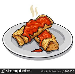 illustration of the baked pancakes with tomato sauce on the plate