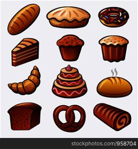 illustration of the bakery and bread color icons. bakery and bread icons