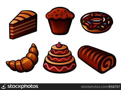 illustration of the bakery and cakes color icons. cakes color icons