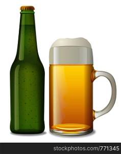 illustration of the beer bottle and mug on the white background. beer bottle and mug